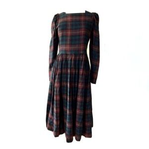 Vintage Laura Ashley Dress 80s Plaid Long Sleeve Prairie Homestead 2pc Bow Belt